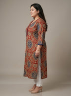 Plus Size Red Cotton Ajrakh Print Straight Kurta-100131