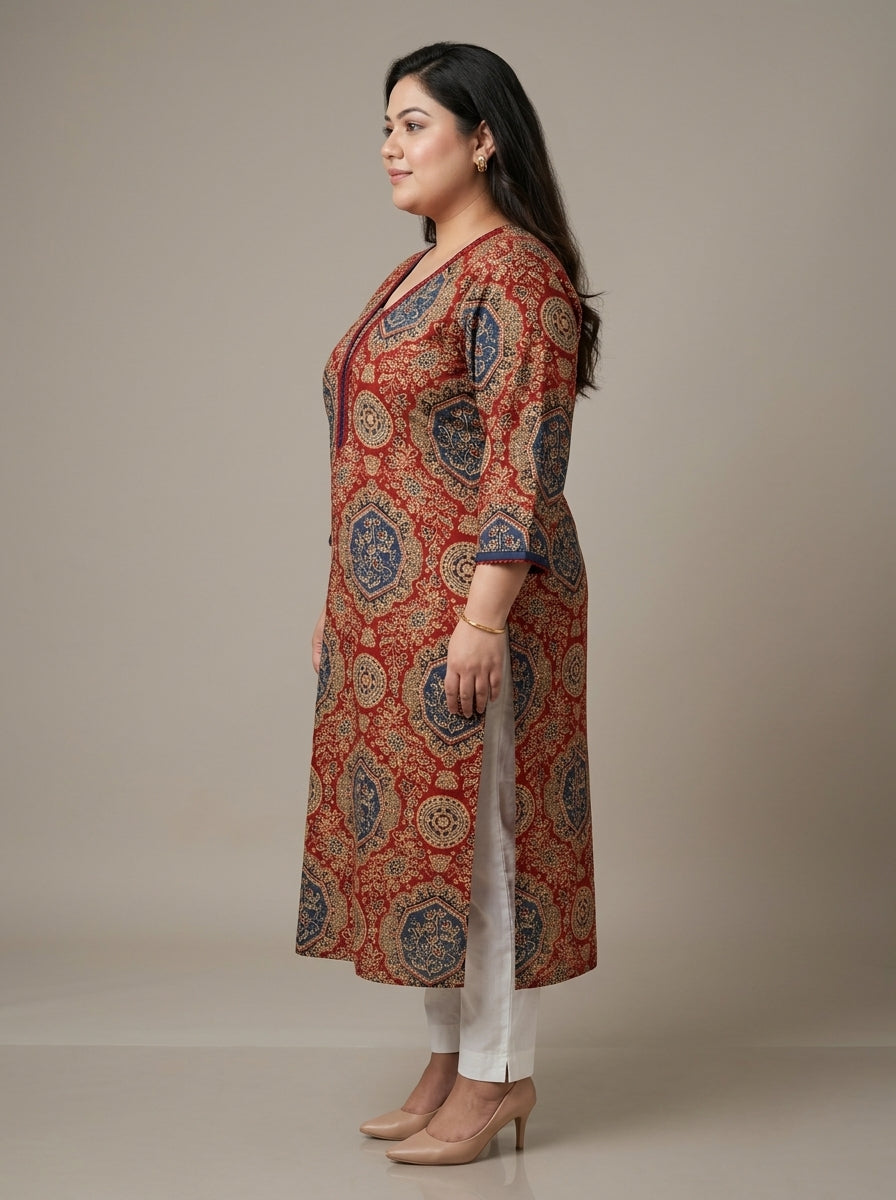 Plus Size Red Cotton Ajrakh Print Straight Kurta-100131