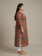 Plus Size Red Cotton Ajrakh Print Straight Kurta-100131