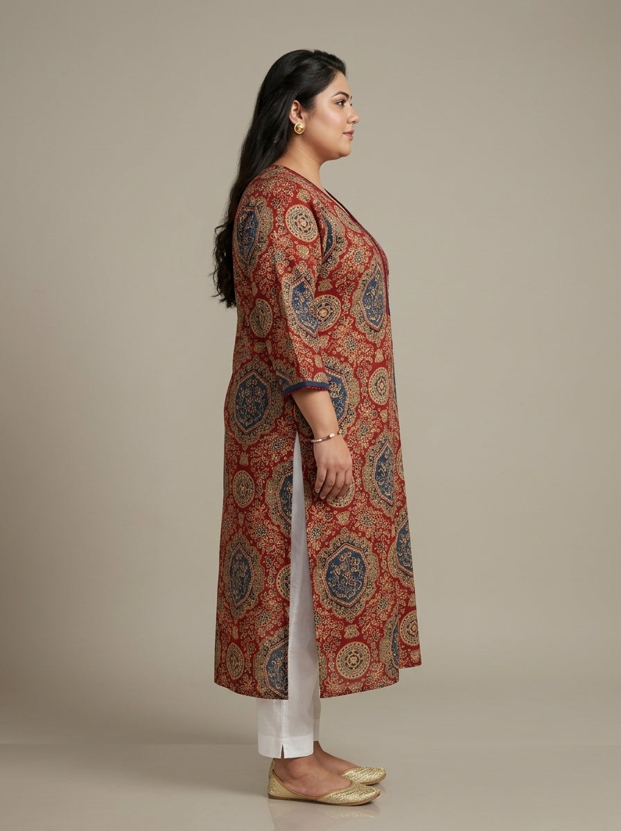 Plus Size Red Cotton Ajrakh Print Straight Kurta-100131
