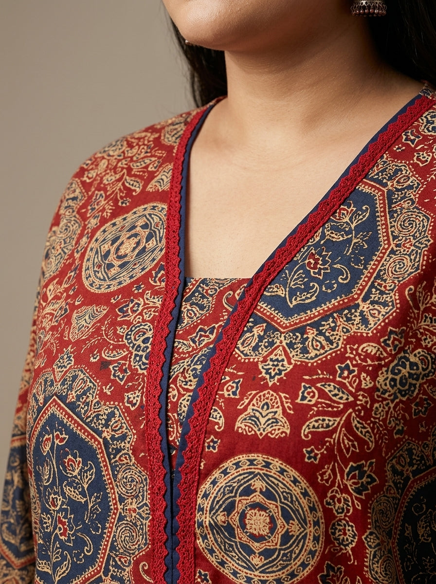 Plus Size Red Cotton Ajrakh Print Straight Kurta-100131