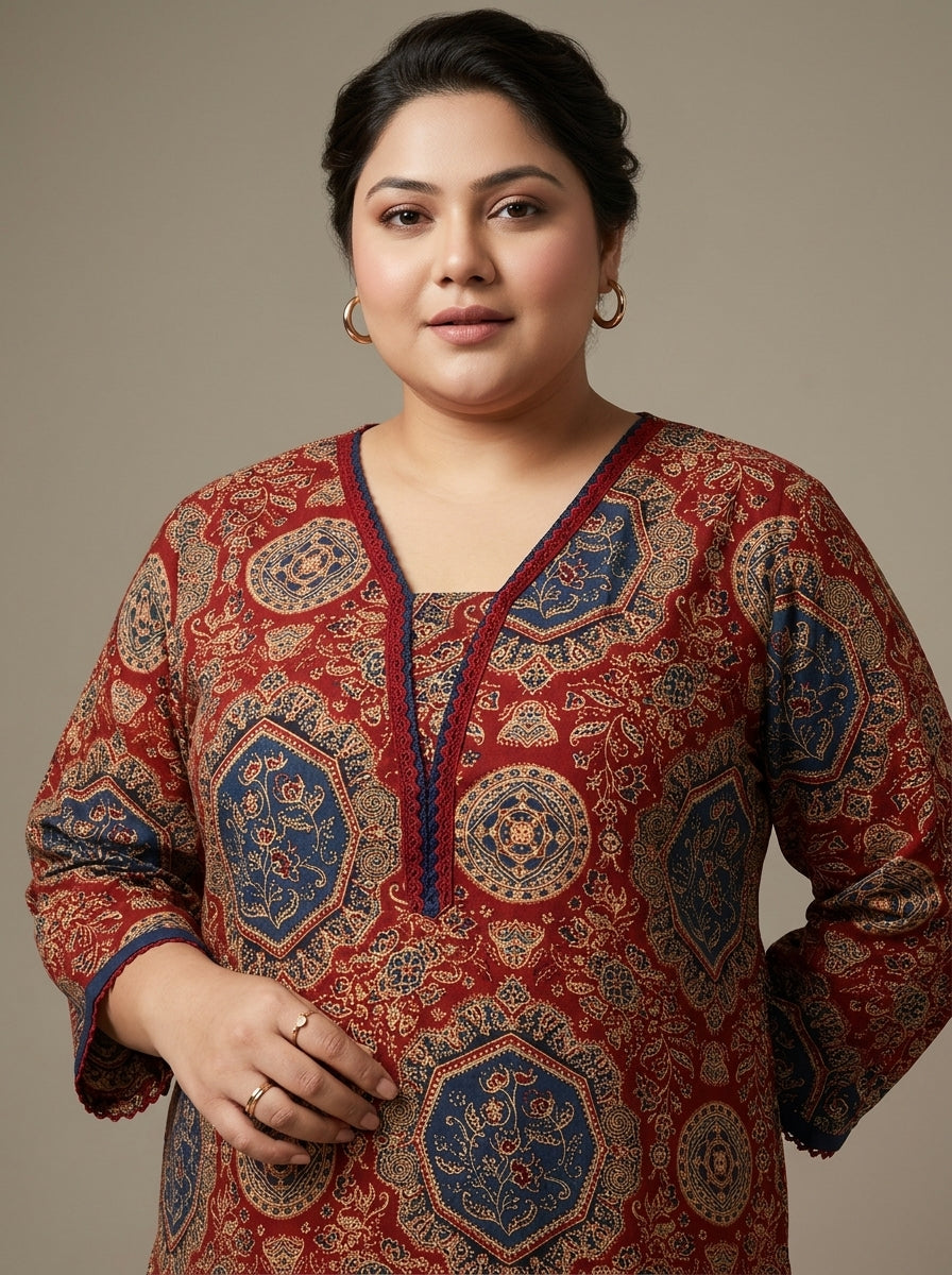 Plus Size Red Cotton Ajrakh Print Straight Kurta-100131