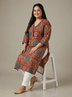 Plus Size Red Cotton Ajrakh Print Straight Kurta-100131