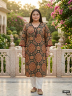 Plus Size Green Cotton Ajrakh Print Straight Kurta-100132