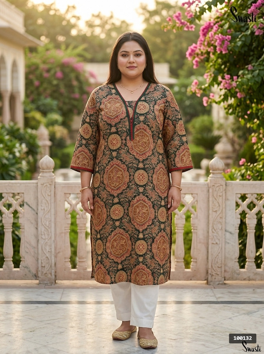 Plus Size Green Cotton Ajrakh Print Straight Kurta-100132