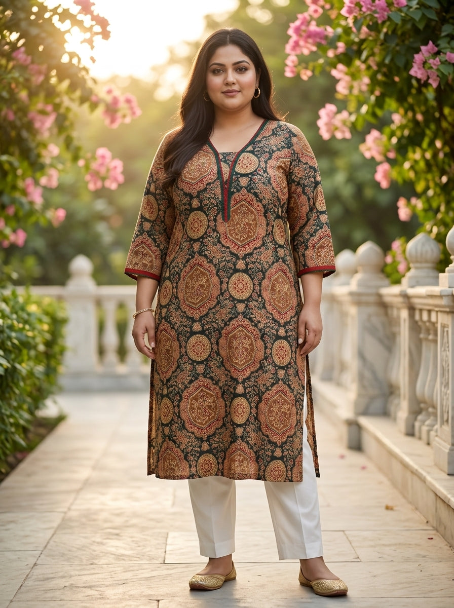 Plus Size Green Cotton Ajrakh Print Straight Kurta-100132