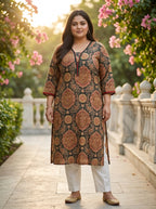 Plus Size Green Cotton Ajrakh Print Straight Kurta-100132