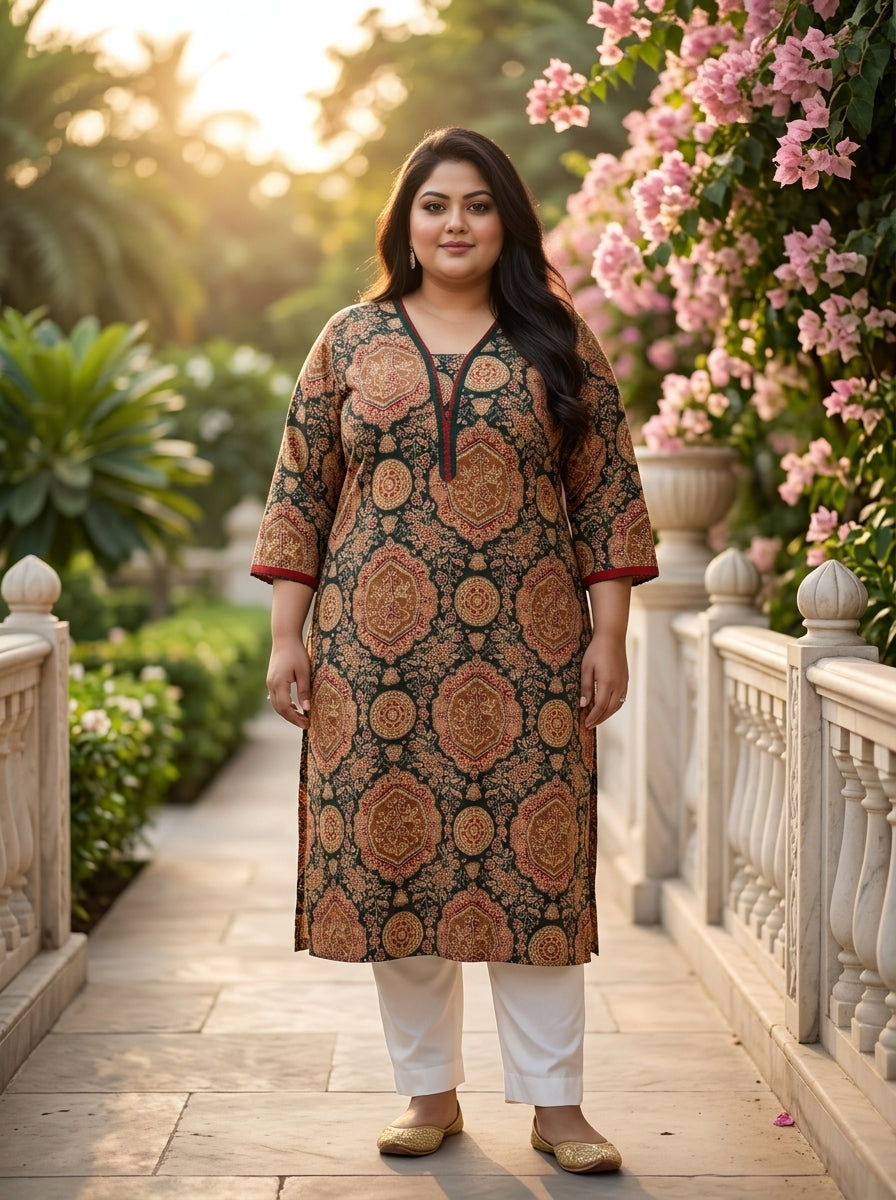 Plus Size Green Cotton Ajrakh Print Straight Kurta-100132
