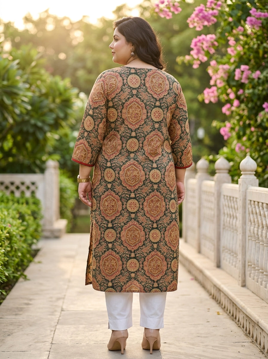 Plus Size Green Cotton Ajrakh Print Straight Kurta-100132