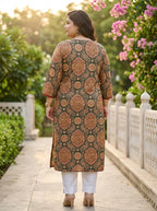 Plus Size Green Cotton Ajrakh Print Straight Kurta-100132