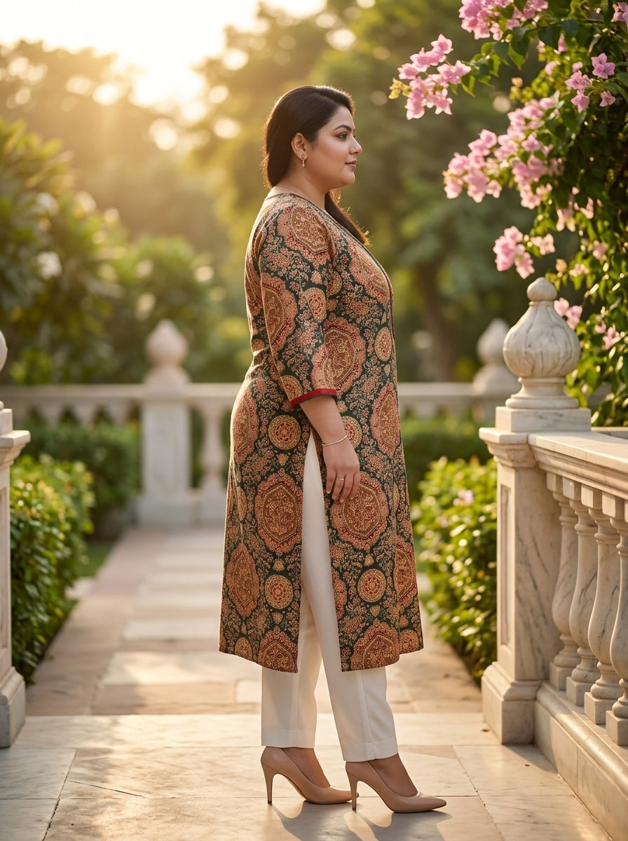 Plus Size Green Cotton Ajrakh Print Straight Kurta-100132