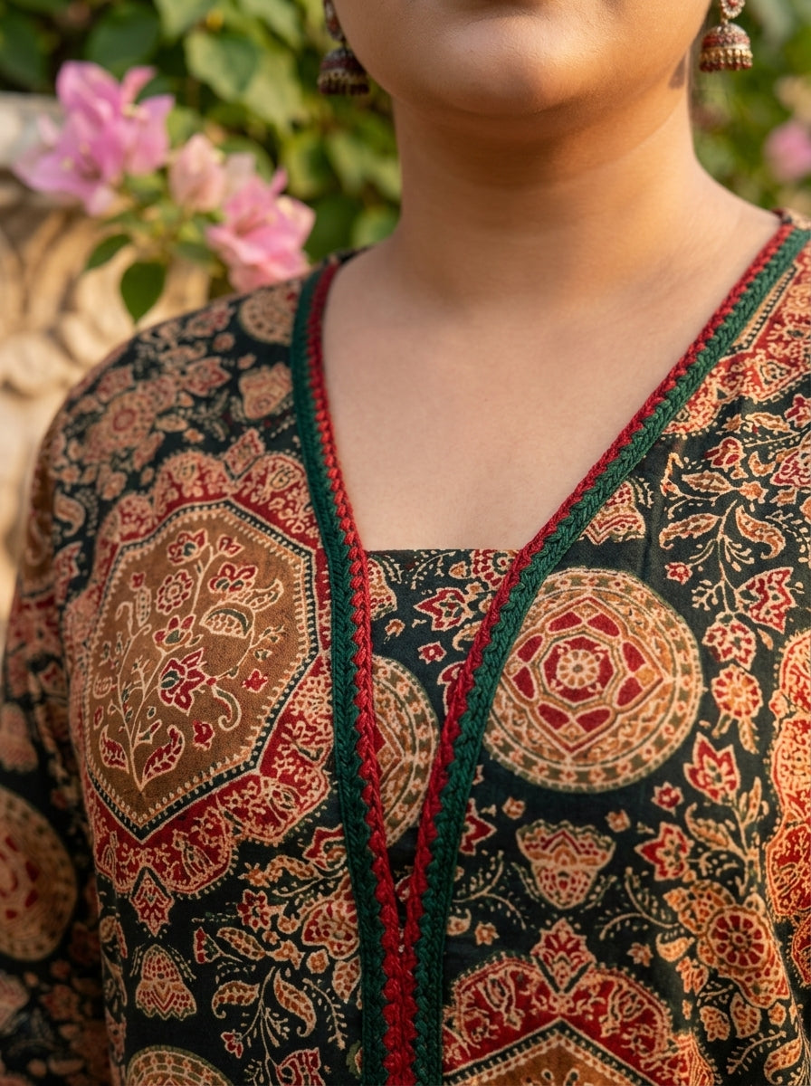 Plus Size Green Cotton Ajrakh Print Straight Kurta-100132