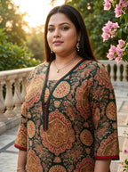 Plus Size Green Cotton Ajrakh Print Straight Kurta-100132