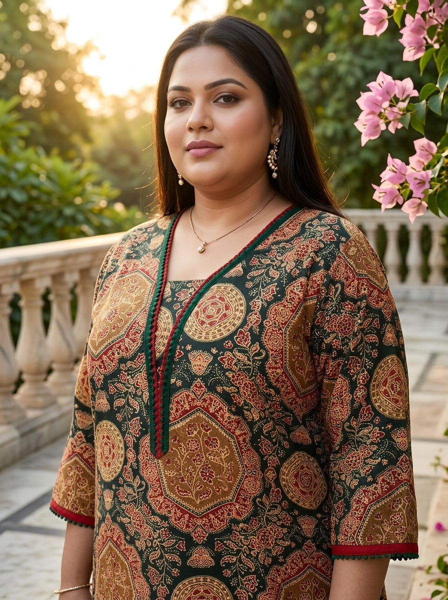 Plus Size Green Cotton Ajrakh Print Straight Kurta-100132