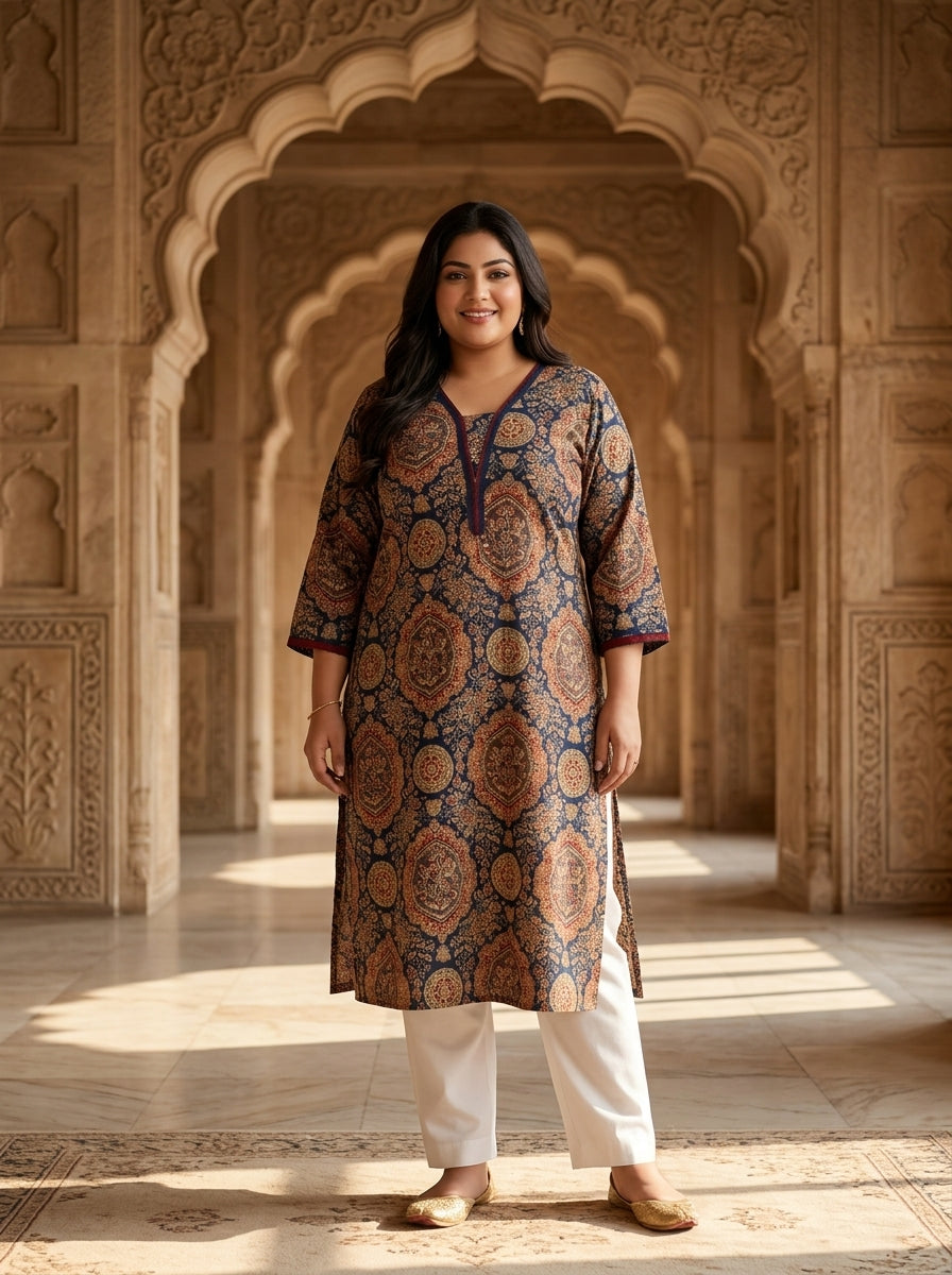 Plus Size Blue Cotton Ajrakh Print Straight Kurta-100133