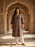 Plus Size Blue Cotton Ajrakh Print Straight Kurta-100133