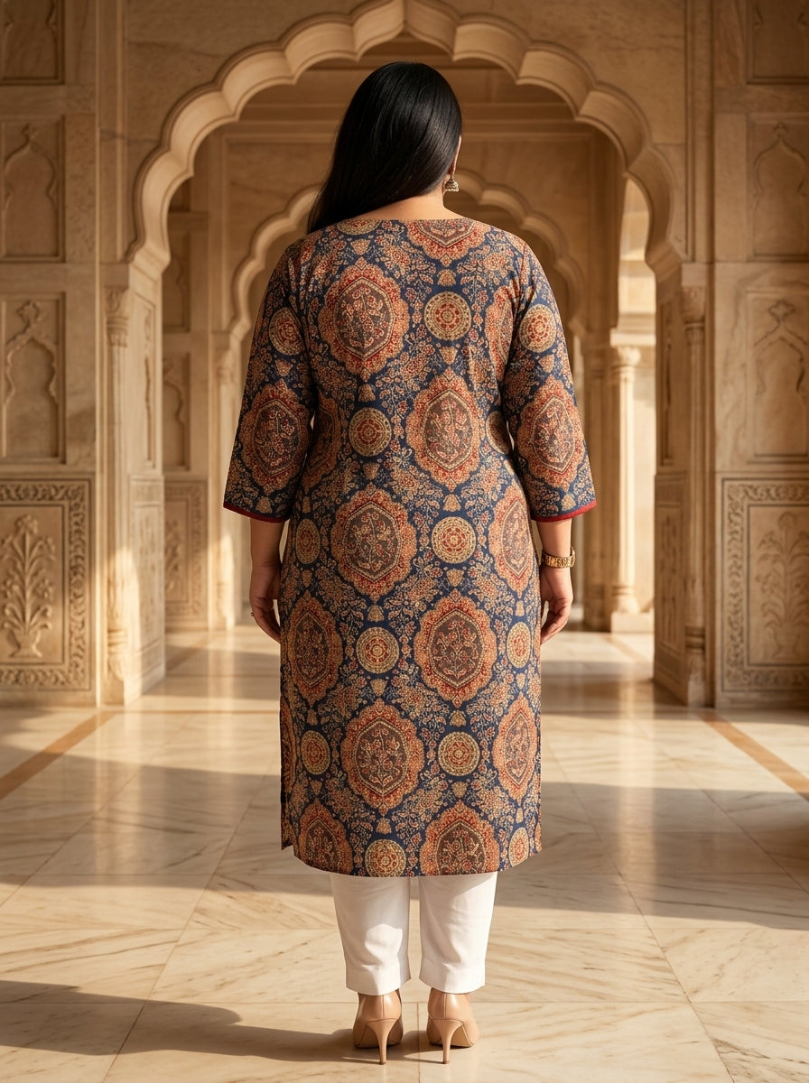 Plus Size Blue Cotton Ajrakh Print Straight Kurta-100133