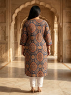Plus Size Blue Cotton Ajrakh Print Straight Kurta-100133