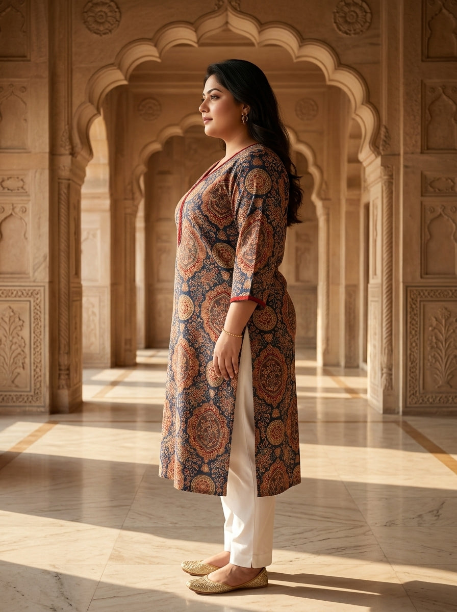 Plus Size Blue Cotton Ajrakh Print Straight Kurta-100133