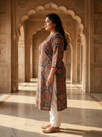 Plus Size Blue Cotton Ajrakh Print Straight Kurta-100133