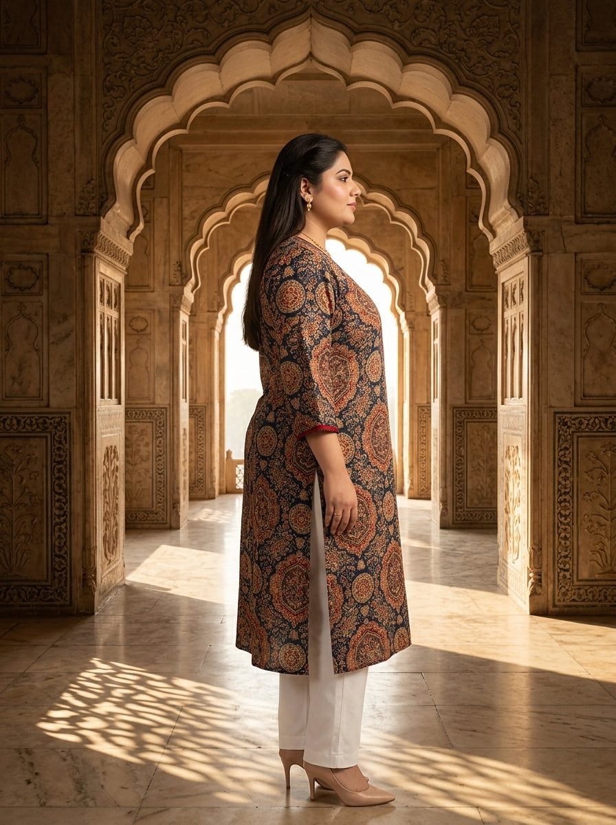 Plus Size Blue Cotton Ajrakh Print Straight Kurta-100133