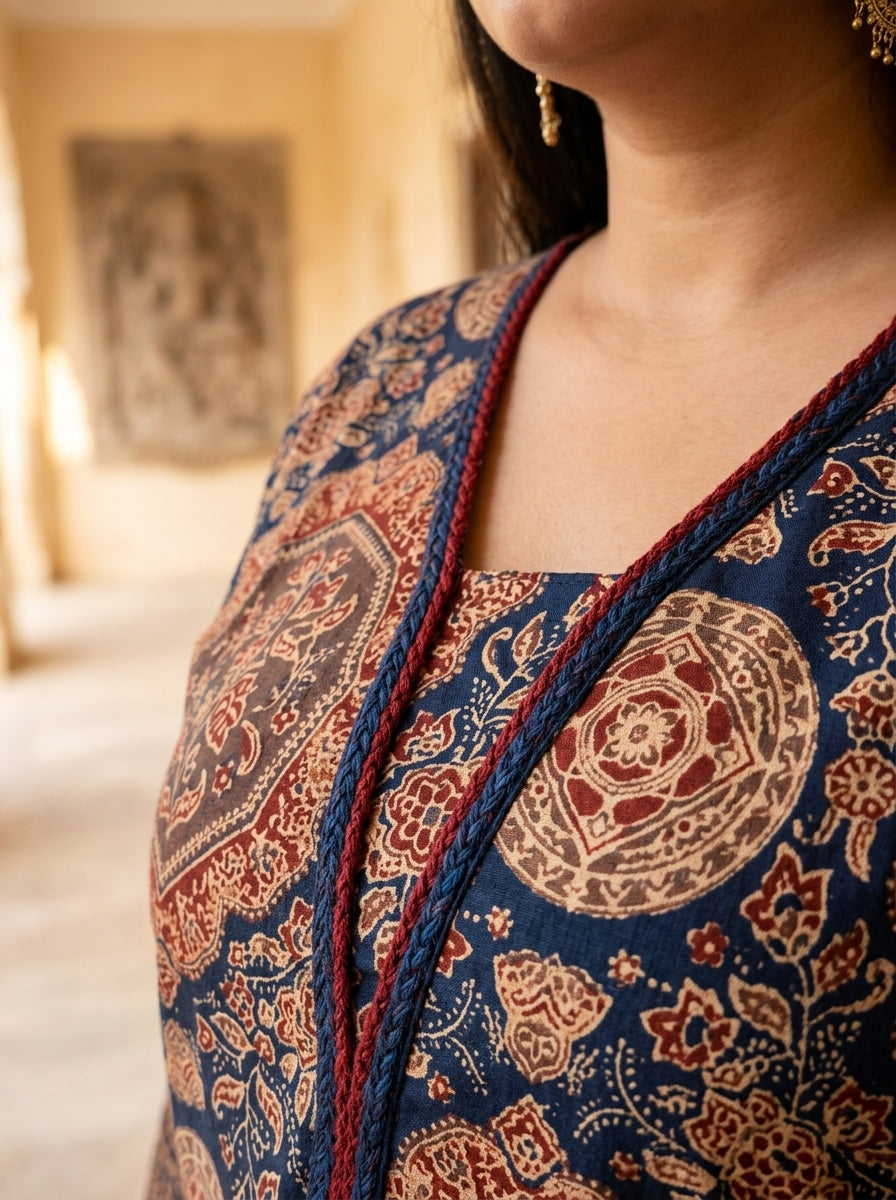 Plus Size Blue Cotton Ajrakh Print Straight Kurta-100133
