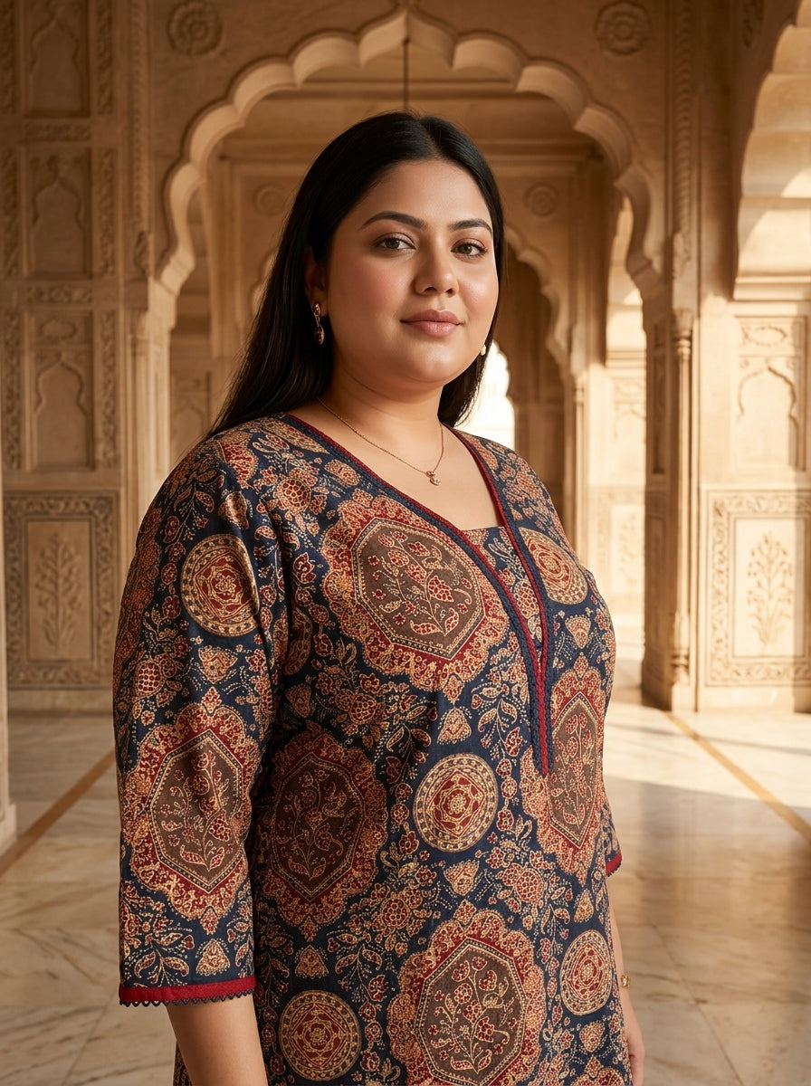 Plus Size Blue Cotton Ajrakh Print Straight Kurta-100133
