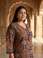 Plus Size Blue Cotton Ajrakh Print Straight Kurta-100133