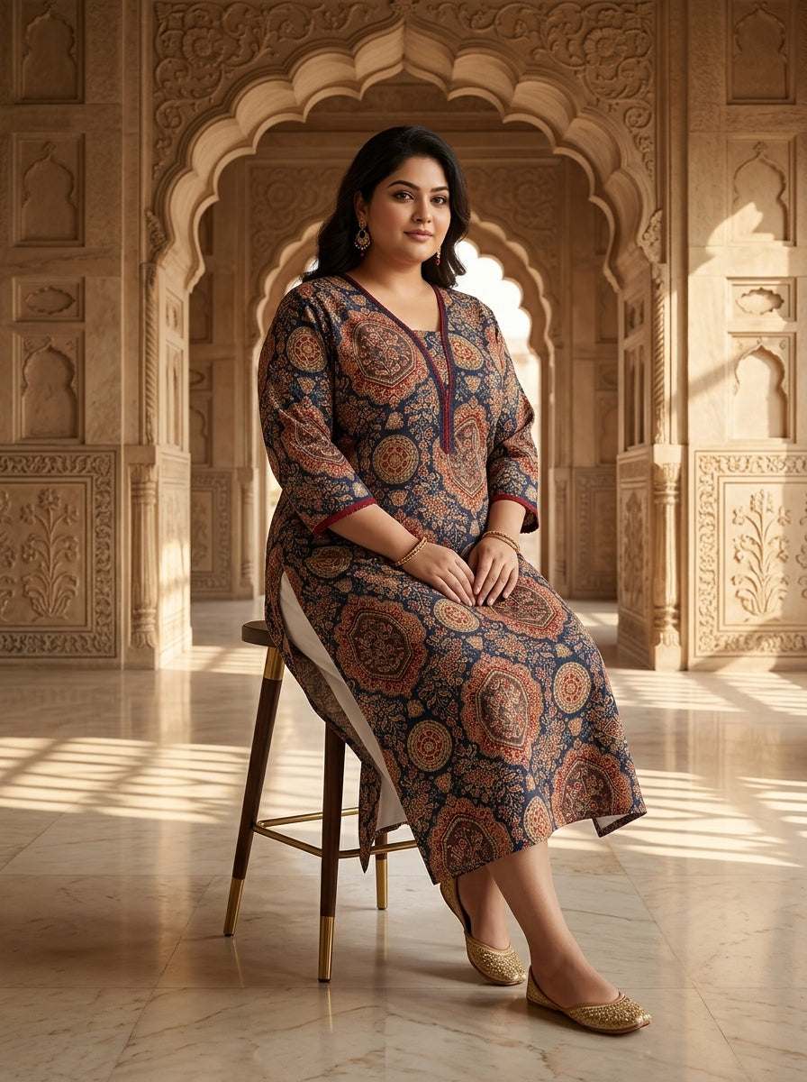 Plus Size Blue Cotton Ajrakh Print Straight Kurta-100133