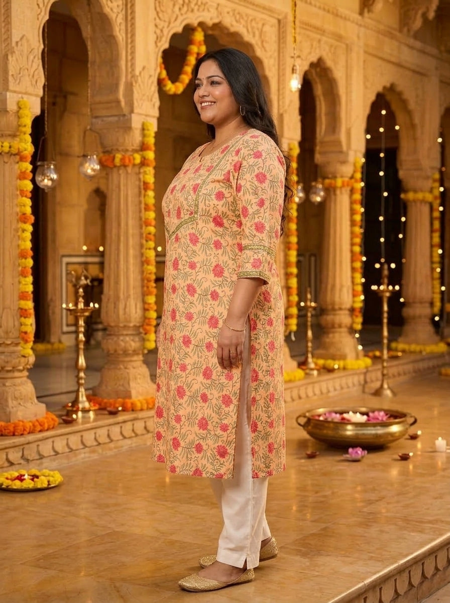 Peach Cotton Floral Print Plus Size Straight Kurta-100134