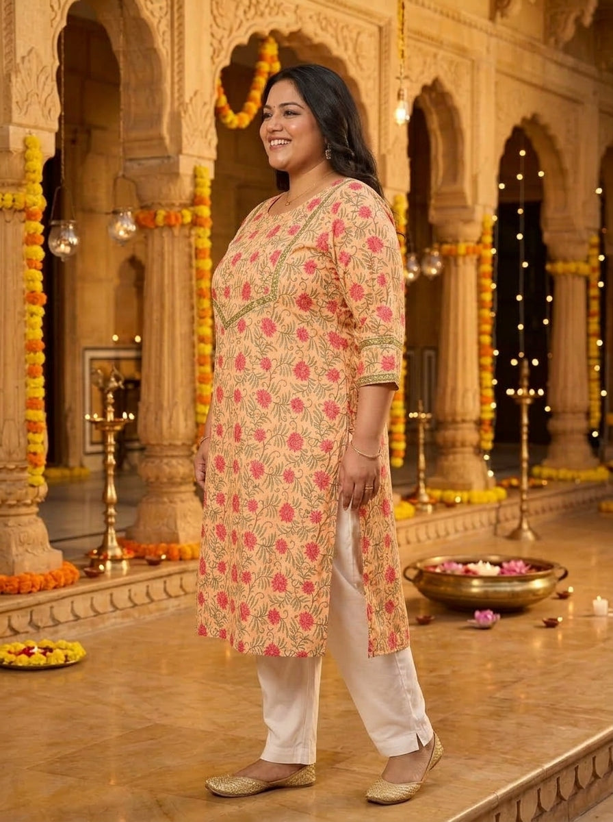 Peach Cotton Floral Print Plus Size Straight Kurta-100134