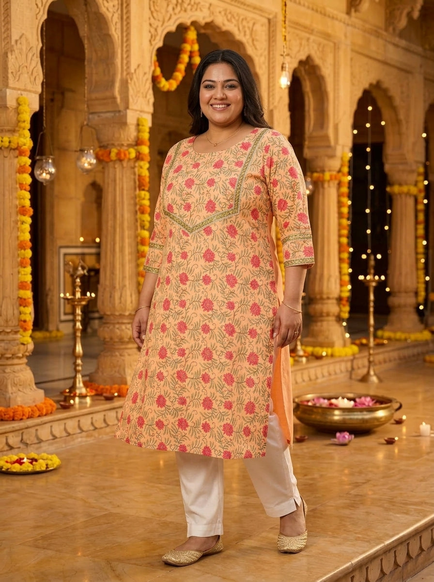 Peach Cotton Floral Print Plus Size Straight Kurta-100134