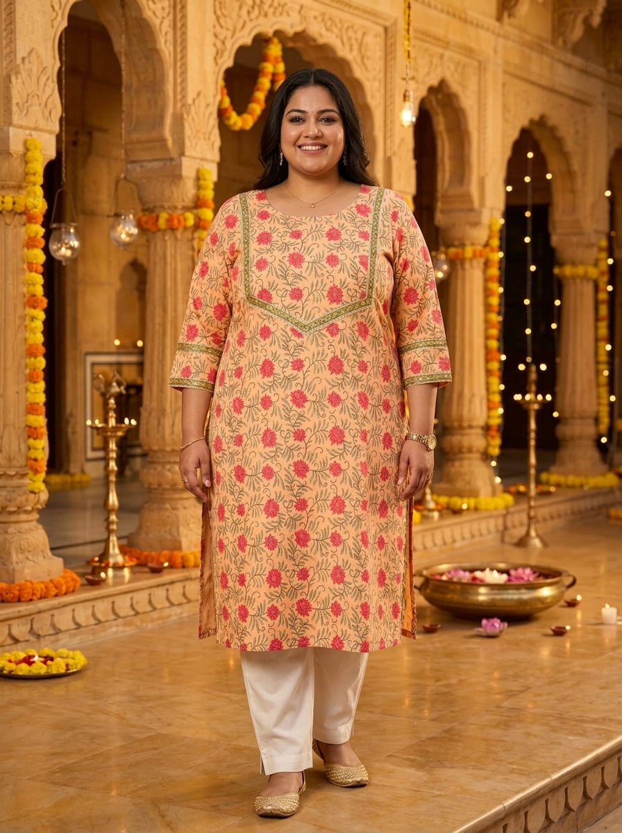 Peach Cotton Floral Print Plus Size Straight Kurta-100134