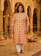 Peach Cotton Floral Print Plus Size Straight Kurta-100134