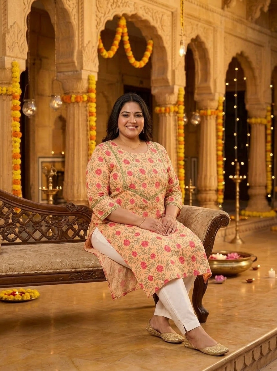 Peach Cotton Floral Print Plus Size Straight Kurta-100134