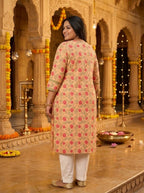 Peach Cotton Floral Print Plus Size Straight Kurta-100134