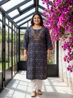 Plus Size Blue Cotton Geometric Print Straight Kurta-100135
