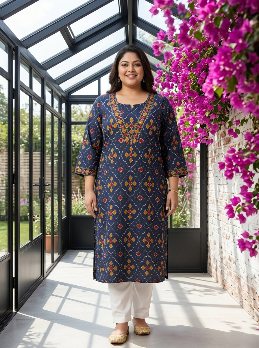 Plus Size Blue Cotton Geometric Print Straight Kurta-100135