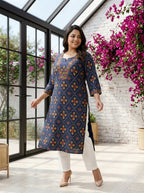Plus Size Blue Cotton Geometric Print Straight Kurta-100135