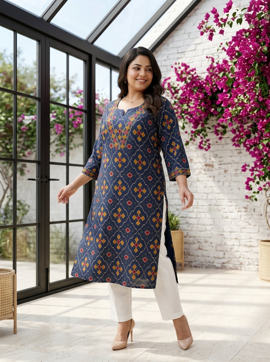 Plus Size Blue Cotton Geometric Print Straight Kurta-100135