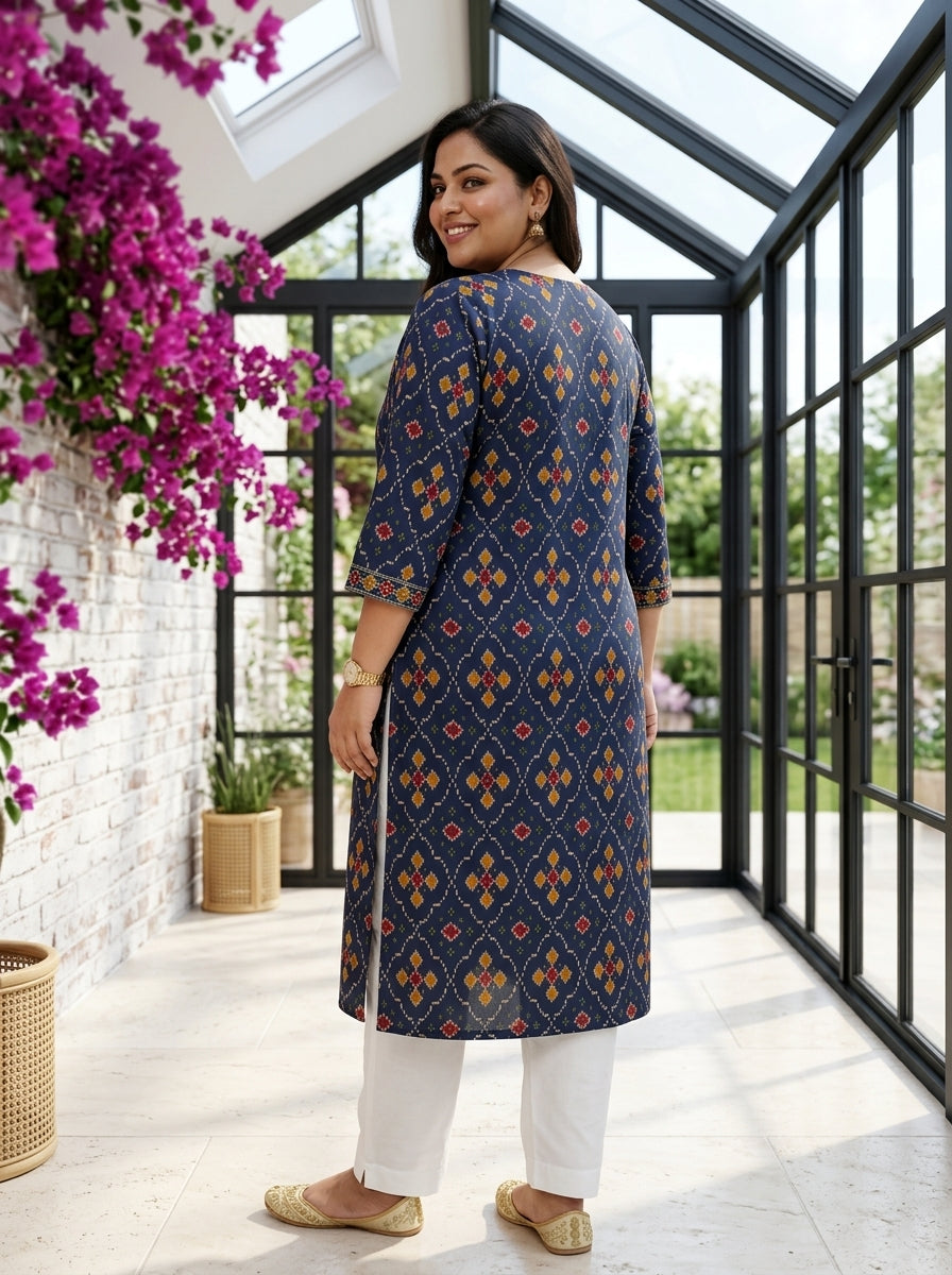 Plus Size Blue Cotton Geometric Print Straight Kurta-100135