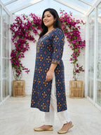 Plus Size Blue Cotton Geometric Print Straight Kurta-100135