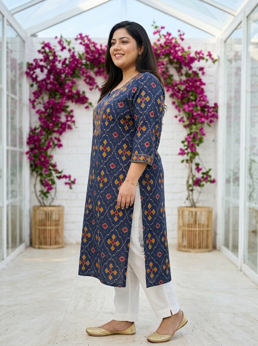Plus Size Blue Cotton Geometric Print Straight Kurta-100135