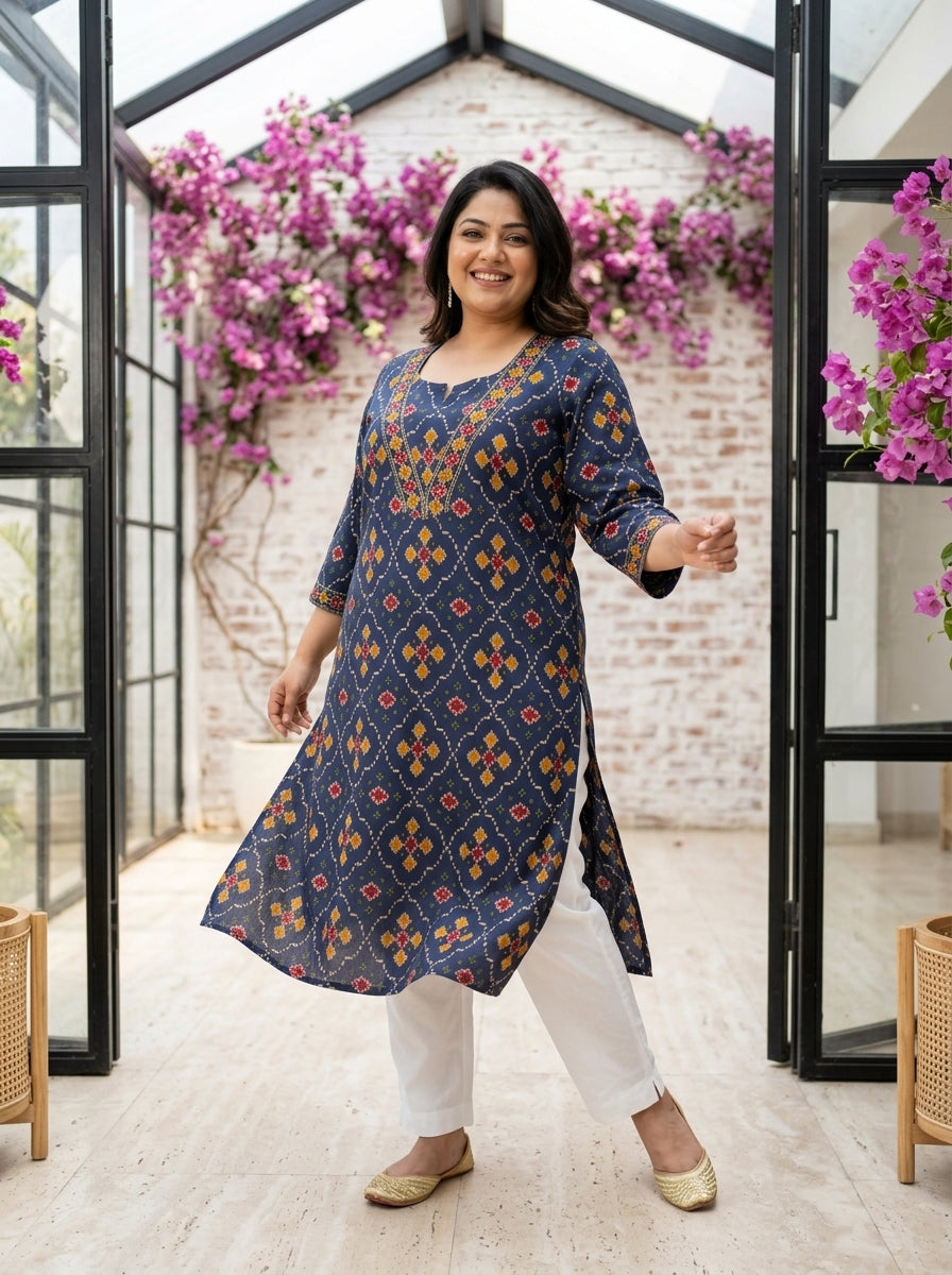 Plus Size Blue Cotton Geometric Print Straight Kurta-100135