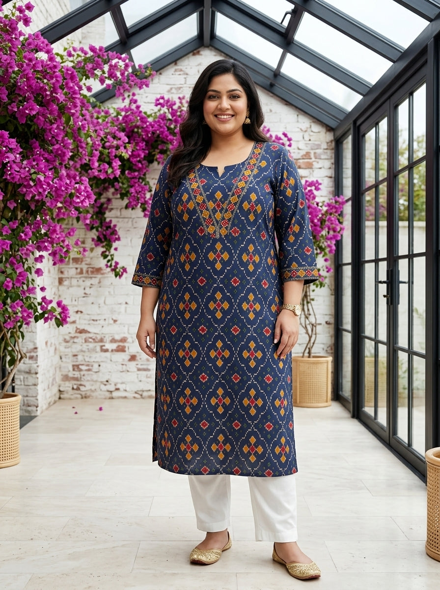 Plus Size Blue Cotton Geometric Print Straight Kurta-100135 Secondary image
