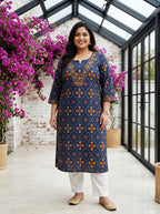 Plus Size Blue Cotton Geometric Print Straight Kurta-100135