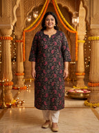 Plus Size Poly Crepe Floral Print Straight Kurta Black-100136