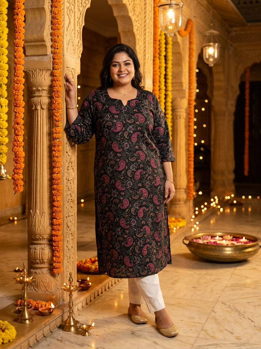 Plus Size Poly Crepe Floral Print Straight Kurta Black-100136