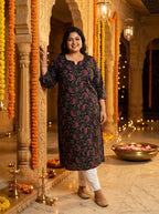 Plus Size Poly Crepe Floral Print Straight Kurta Black-100136