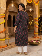 Plus Size Poly Crepe Floral Print Straight Kurta Black-100136